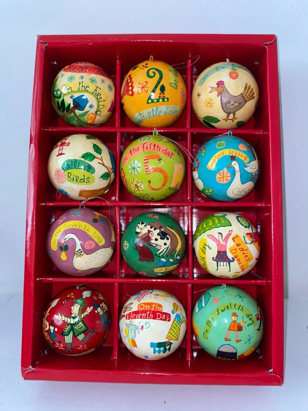Decorative 12 Days of Christmas Ornament Set - Colorful Illustrated Balls
